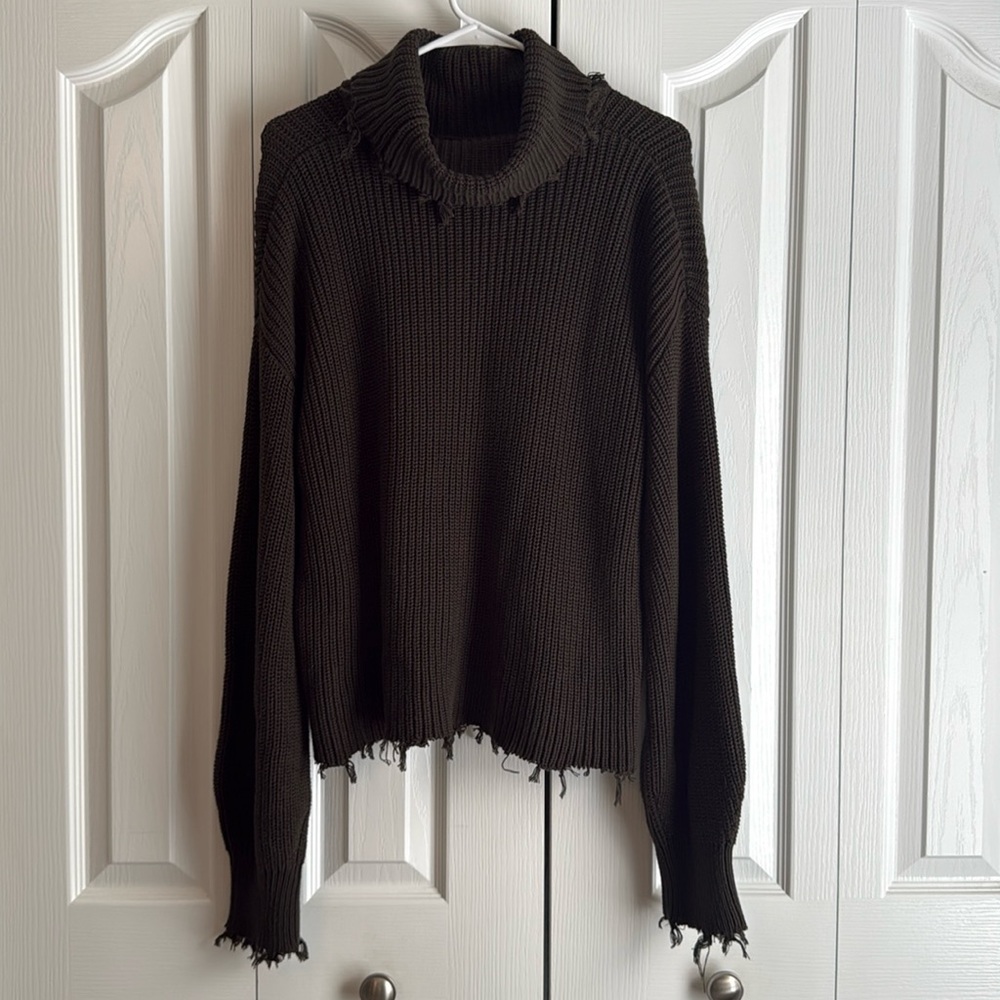 525 America Olive Green Chunky Knit Fringe Cowl Neck Sweater XL 100% Cotton